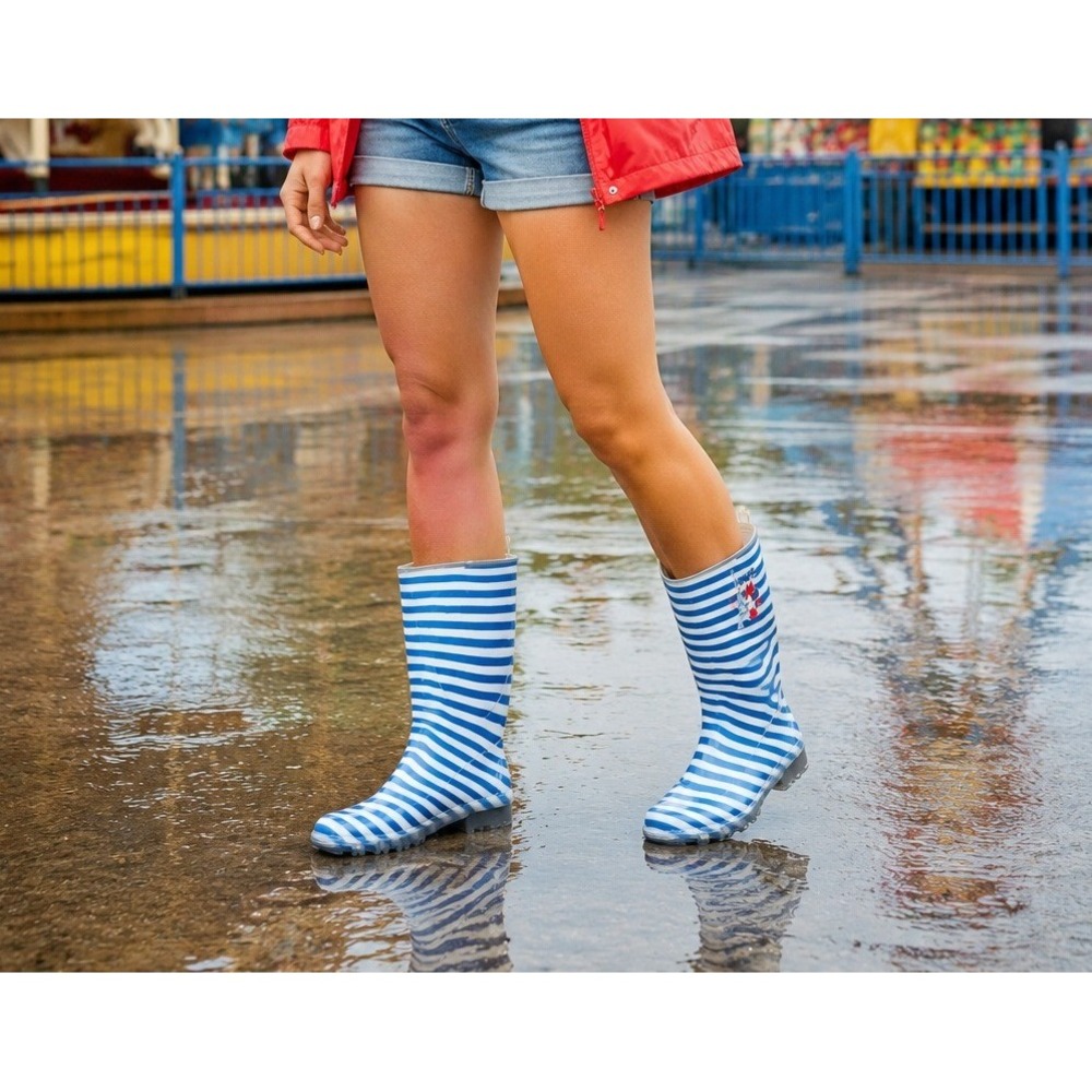 Disneyland Paris Minnie Mouse Rain Boots 41 US 10 Blue White Striped Wellies
